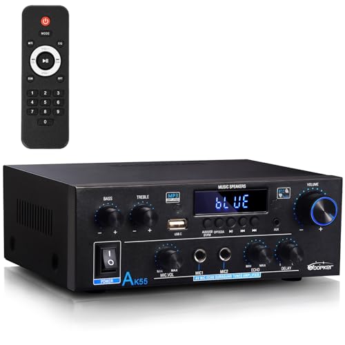 Stereo Verstärker - WOOPKER AK55 HiFi Verstärker Stereo Receiver 600W, 2.0 Kanal Bluetooth Verstärker mit w/UKW-Radio, OPT/AUX/RCA/USB, 2 Mic Eingänge für Lautsprecher