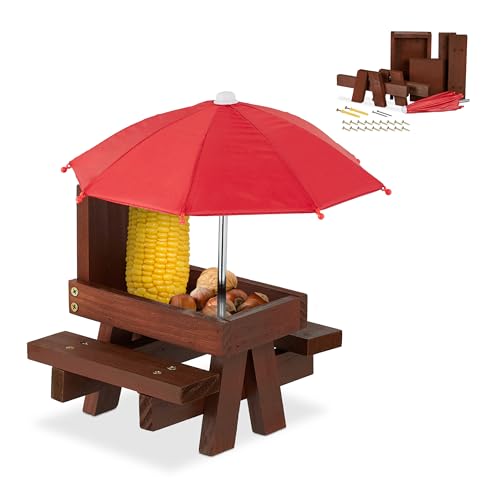 Relaxdays Eichhörnchen Tisch, Bausatz, Holz, Eichhörnchenbank mit Schirm & Maiskolbenhalter, zum Aufhängen, braun/rot, 1 Stück