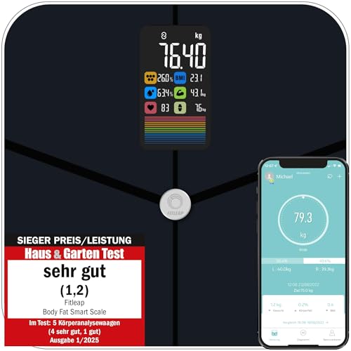 Fitleap Waage mit Körperfett- & Muskelanalyse bis 180kg, mit großen Display & App, Personenwaage und Körperfettwaage auch für große Füße geeignet