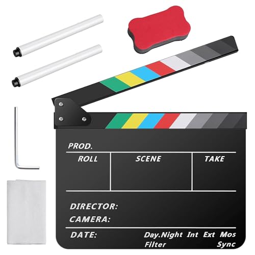 Temery Filmklappe, 30X25cm Regieklappe Synchronklappe Clapperboard mit 2 Pinsel, Leicht Abzuwischender Acryl-Clapper für Film TV-Serien Werbespots Studio und Andere Videoaufnahmen (Schwarz)