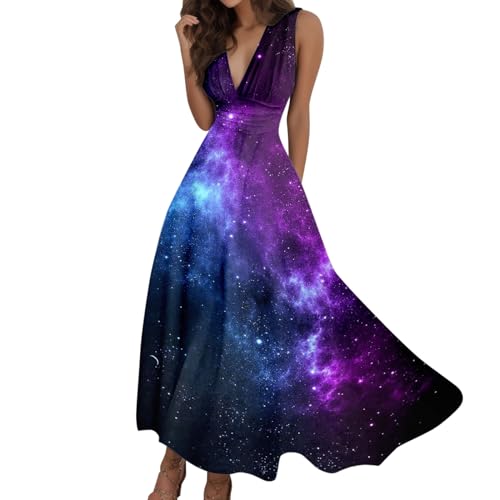 Maxikleider Damen Sommer Sexy V-Ausschnitt Ärmelloses Shirt Fließende Extra Lange Kleider Romantisches Galaxy Print Elegantes Kleid Holiday Travel Seaside Bonfire Party Strandkleider (Dark Blue, L)