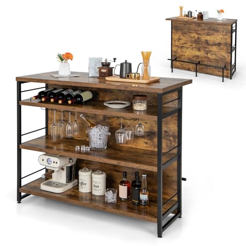 GIANTEX Hausbar Theke Bar, Barschrank mit 4 offenen Ablagen, Bartisch Küchen Tresentisch mit Weinregal & Gläserhalter, Küchenregal Küchentheke 120 x 60 x 101 cm, Küchenbar Küchentresen