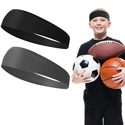 WLLHYF 2 Stück Sport-Stirnbänder für Kinder, weiche sportliche Schweißbänder, Stirnband für Mädchen und Jungen, feuchtigkeitsableitendes, elastisches Haarband für Kinder und Jugendliche (Schwarz+Grau)