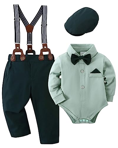 Amisssz Baby Jungen Gentleman Anzug, 4tlg Kinder Hochzeit Festlich Taufe Strampler mit Bowtie Hemden + Hosenträger Overalls Grün 3-6 Monate