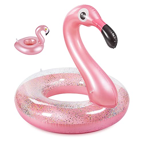 Olycism Aufblasbarer Flamingo Schwimmring mit Pailletten und Getränkehalter und Aufnäher Kit Flamingo Schwimmtier Schwimmreifen Wasser Strand Pool Party Spielzeug für Kinder und Erwachsene