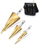 Step Drill 4 Pieces, 4 Stück Stufenbohrer Set, 4-12mm/4-20mm/4-32mm, Metallbohrer aus HSS Stahl, Bithalter schälbohrer, Bohrfräser Kegelbohrer Konusbohrer, Holz, Kunststoffe [10mm Schaft]