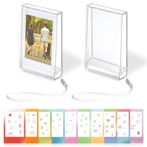 2er-Pack 2x3 Mini-Fotohüllen, Aufbewahrungsbox für Bildhalter, passend für 3 Zoll, transparenter kleiner Filmhalter mit niedlichen 5-Blatt-Aufklebern, Fotoschutzhülle mit Trageschlaufe für unterwegs