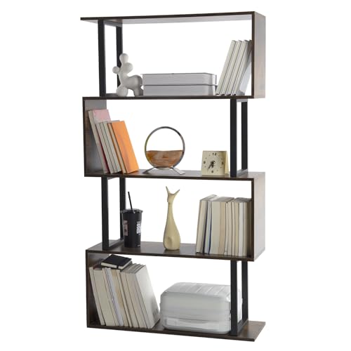 Bücherregal in S-Form mit 5/6 Etagen,freistehendes Holzregal, Bücherregal,industrielles Ausstellungsregal,Möbel für Wohnzimmer,Schlafzimmer, Heimbüro,Pflanze,Organizer,rustikales Braun (71x24x126cm)