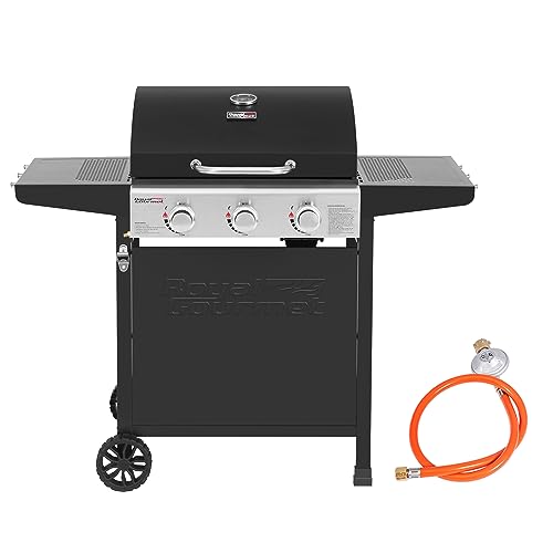 Royal Gourmet Gasgrill Grillwagen 3 Brenner 9 kW Camping Gaskocher mit Kochplatte, Gartengrill mit Flaschenöffner, Druckminderer und Gasschlauch Grillrost ca. 60 x 42 cm, Schwarz