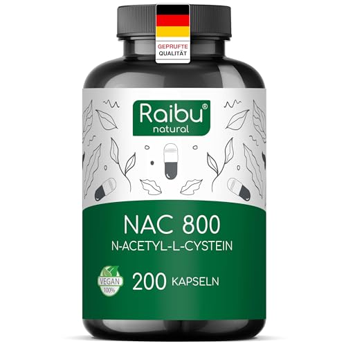 Raibu NAC 800 Kapseln hochdosiert (200 Kapseln x 800mg) I NAC Acetyl L-Cystein in Bester Qualität ohne Zusätze in Deutschland produziert