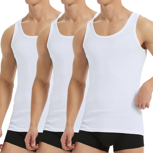 Falechay Unterhemd Herren Tank Top 3er Pack Baumwolle Feinripp ärmellos Muskelshirtst Männer Sportunterhemden Weiß L