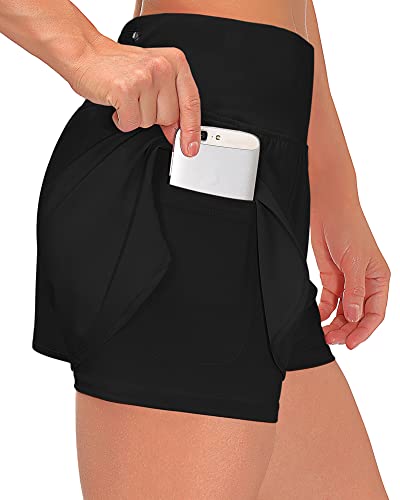 Shorts Damen Sommer Sport Shorts Kurze Hosen 2 in 1 Laufshorts Fitness Sporthose Running Yoga Jogging Beiläufige Elastisch Schnelltrocknende Shorts (A Schwarz, S)