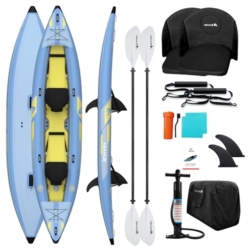 Abahub 420cm Kajak Aufblasbar 2 Personen Inflatable Kayak mit Kajak Paddel, Kajaksitz, Fußstütze, Handpumpe und Tasche für Kajakfahren Kanu Schlauchboot 2 Platz 420x89x23cm Hellblau