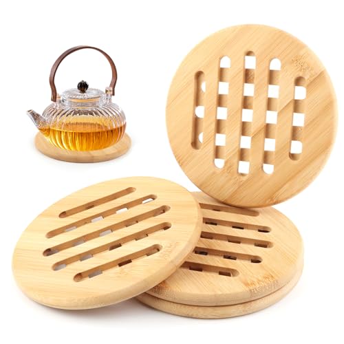 VFANDV 4 Stück Topfuntersetzer Set, Bambus Rutschfestes Waschbar Untersetzer, Hitzebeständiger Topfuntersetzer, Pfannenschoner für Küchenschüsseltöpfe Pfannen und Teller (15 x 15 cm, Round)