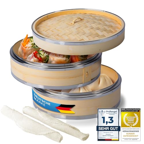 Dimono® Dampfgarer Bambus mit Edelstahl, 2 Etagen Bambus-Dämpfer mit Deckel, Bambus Dämpfaufsatz und Dampfkorb Reiskocher Bambusgarer für Sim Sum Dumplings, Gemüse, Reis, Fleisch und Fisch (Ø 24 cm)