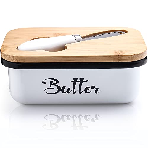 Butterdose mit Holzdeckel，Butterdose edelstahl Butterglocke für 250 g Butter，Butterdose mit Multifunktionales Buttermesser，Große Butterdose aus Edelstahl，Butterbox für Haushalt und Küche(Weiß)