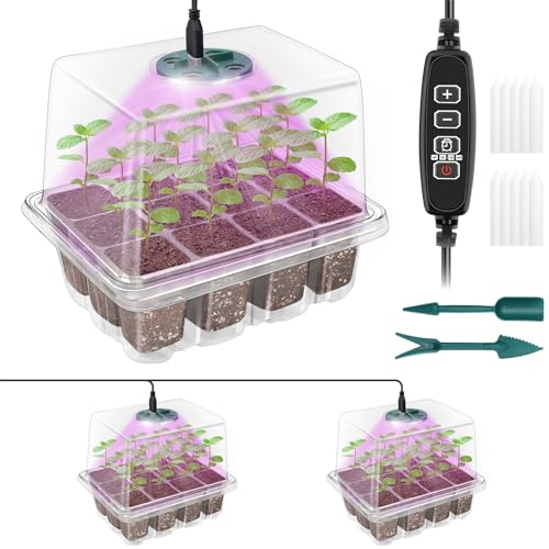 Qoolife Zimmergewächshaus Anzuchtkasten, Mini Gewächshaus Anzucht Set mit erhöhten Deckel, Setzling Starter mit Pflanzenlichter mit vollem 2 Stück (Transparent)