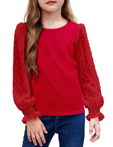 Arshiner Mädchen Langarmshirt mit gesmokten Rüschenmanschetten Polka Schweizer Dots Kinder Pullover Shirts Niedliche Rundhals Mädchen Top Bluse Rot 120