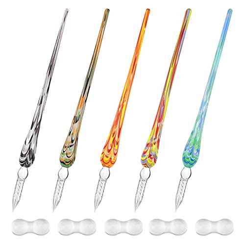 WANDIC 5 Pcs Handmade Buntglas Dip Stift Set mit Ständer und farbigen Kristall Blumen Stift Set für Kunst, Signieren, Schreiben, Zeichnen, Schreiben
