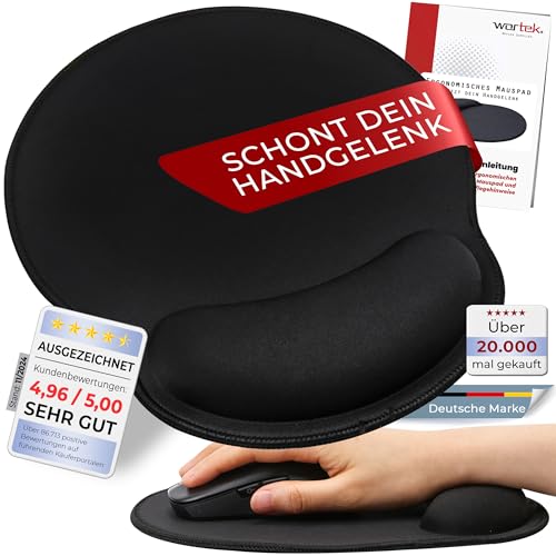 wortek Mauspad mit Gelkissen aus Memoryschaum - 23x26cm - Ergonomisches Mauspad mit Handgelenkauflage - vernähte Kanten - Maus Pad mit Handauflage Mousepad für schonende Haltung – Schwarz