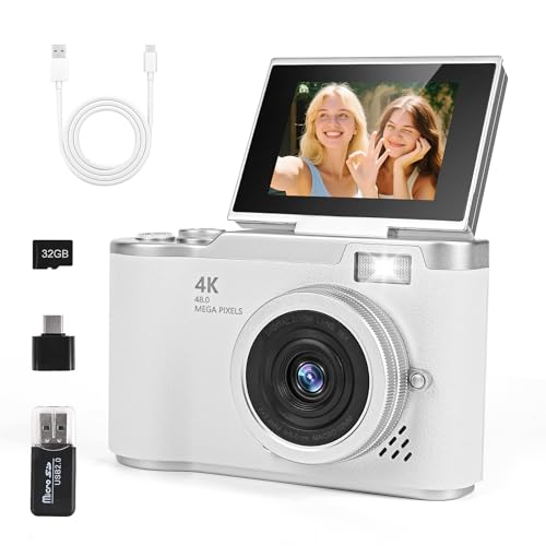 Digitalkamera 1080P Fotokamera 48MP Kamera Fotoapparat Tragbare Kompaktkamera mit 180° Flip 2.4" Bildschirm, 8X Digitalzoom Kompaktkamera, 32GB TF-Karte für Kinder Teenager Student Anfänger (Weiß)