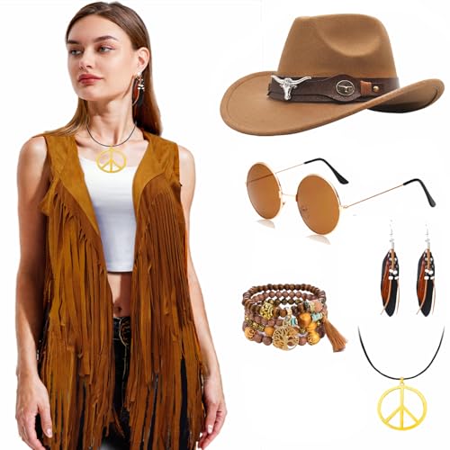 Ginkago Hippie Kostüm Set Cowgirl Western Outfit mit Fransenweste Hippie Ohrringe Brille Boho Armband Halskette Mode 60er 70er Jahre Bekleidung für Karneval Mottoparty