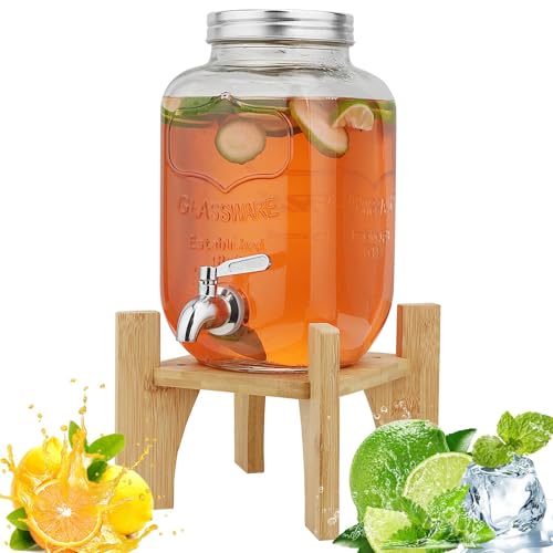 Hiziwimi 8L Getränkespender mit Ständer, Getränkespender aus Glas mit Zapfhahn aus massivem Edelstahl (8L-Glas mit Ständer aus Bambus)
