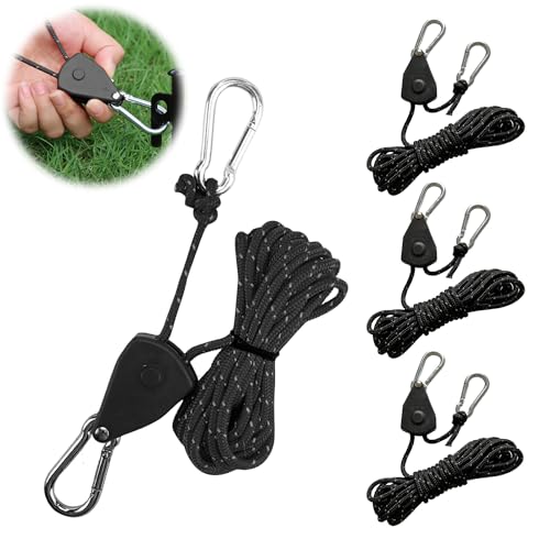 Gcffom 4 Stück 4mm Reflektierend Abspannseile Seil mit Seilspanner, 4M Seil Ratsche Zeltschnur Leuchtend, Einstellbare Nylon Schnurspanner Camping Schnur Sturmband für Sonnensegel Wäscheleine