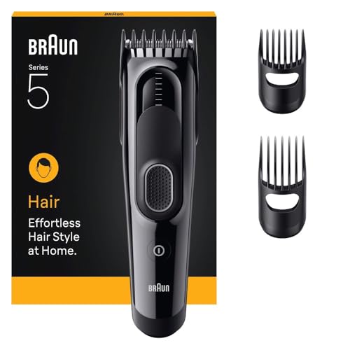 Braun Haarschneider Series 5, +3 Zubehörteile, Lebenslang scharfe Klinge, 17 Längeneinstellungen mit Speichertaste, 50 Min Laufzeit, Abwaschbar, HC5530, Schwarz