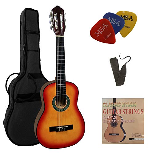 1/4 GITARRE - KONZERTGITARRE IM SET - KINDERGITARRE - CLASSIC - SUNBURST - DECKE LINDENHOLZ - TASCHE - BAND - SAITEN - 3xPIK