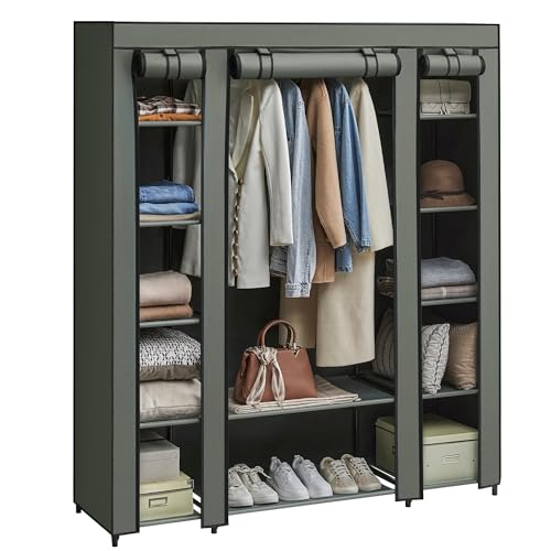 SONGMICS Kleiderschrank, Stoffschrank, mit Überzug aus Vliesstoff, Faltschrank mit Kleiderstange, 45 x 150 x 175 cm, 12 Ablagen, Metallrahmen, Schrank fürs Schlafzimmer, salbeigrün LSF003C02