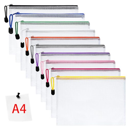 Vicloon Dokumententasche mit Reißverschluss A4, 10pcs Mesh Plastic Zip Bag, Wasserdichte Document Case, Reißverschlusstasche Zip Beutel Tasche Wallet Taschen Kunststoff Mesh Dokumentenmappen