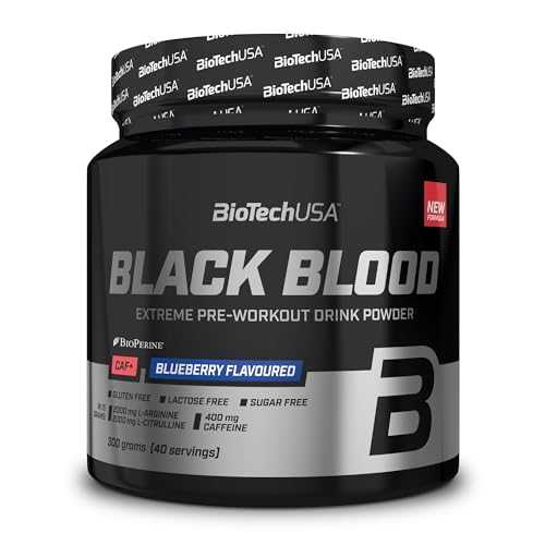 BioTechUSA Black Blood CAF+ Preworkout Getränkepulver mit 12 Wirkstoffen und 200mg Koffein pro Portion - Zucker-, Laktose- und Glutenfrei, 300 g, Blaubeere