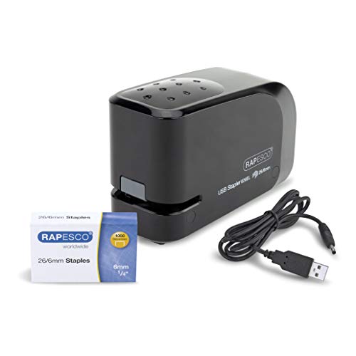 Rapesco 1454 626EL Automatisches USB/Batterie Heftgerät mit 1000 26/6mm Heftklammern, 15 Blatt Heftleistung, Schwarz