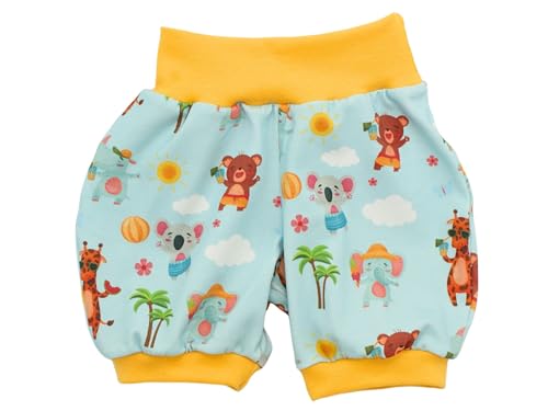 Kleine Könige Kurze Pumphose Baby Mädchen Shorts · Modell Sommer Tiere Strand Beachparty blau, gelb · Ökotex 100 Zertifiziert · Größe 74/80