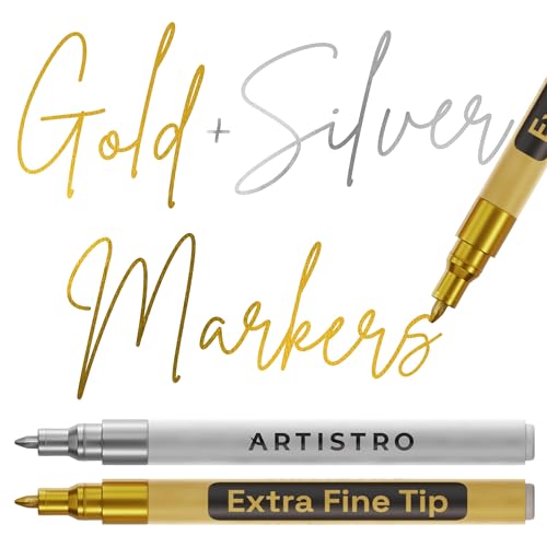 Artistro 2 Gold & Silver Acrylic Paint Pens for Rock Ceramic Wood Glass Metal Fabric Plastic - 0.7mm Metallic Paint Markers Ideal for Scrapbooking DIY Crafts Art Projects