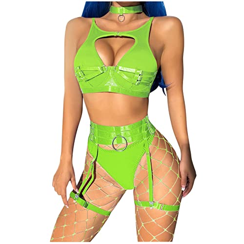 Frauen Sexy Mesh Elastischer Gürtel Halbstrumpfband Top Höschen dreiteilig mit Stahlring Dessous Triangel，Yoga-Party-Unterwäsche in kleinen Größen, geeignet für Sport, Reisen Alltag S-XL (Green, L)