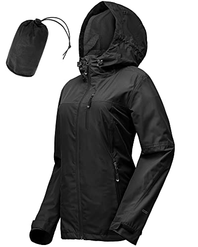 33,000ft Regenjacke Damen Wasserdicht Outdoorjacke Atmungsaktiv Herbst Übergangsjacke Leichte Jacke mit Kapuze Windbreaker zum Wandern Reisen Treking Fahrrad schwarz 38