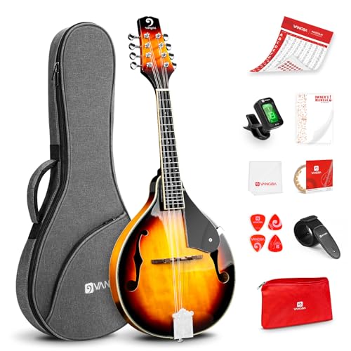 Vangoa Akustische Mandolinen Instrument 8 Saiten A-Stil Sunburst Mandoline Set für Anfänger Erwachsene Studenten Kinder mit Gigbag, Stimmgerät, Saiten, Plektren