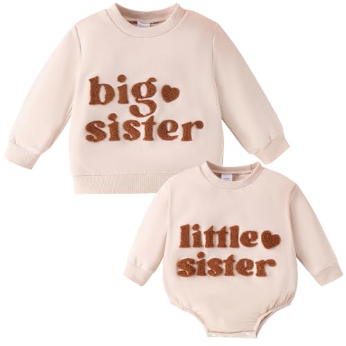 Große Schwester Kleine Schwester Passende Outfits Großes Schwesterchen Pullover Sweatshirt Lil Sis Strampler mit langen Ärmeln für Mädchen Baby (3-4T, Beige Big Sis, 1)