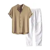 2-teiliges Leinen-Outfit für Herren mit Knopfleiste lässig lockere Hose Herren 2 Stück Casual Leinen Outfits Sommer Kubanischen Kragen Walking Anzüge für Strand Urlaub