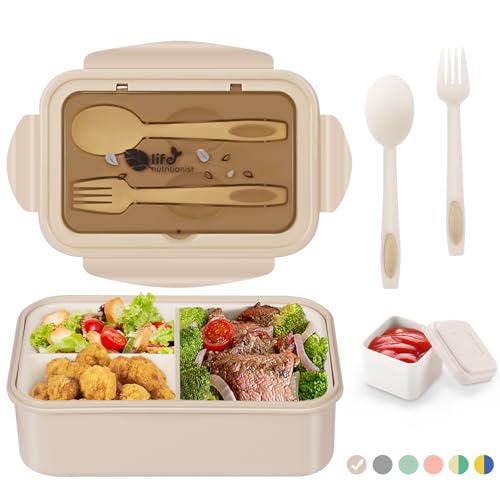LUZOON Lunchbox Bento Box Brotdose Erwachsene 1400ml mit 3 FäChern für Kinder inkl. Besteck Jausenbox für Mikrowellen Und SpüLmaschinen, Schule Arbeit Picknick Reisen (Khaki①, 1400ml)