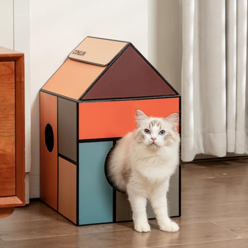 Conlun Katzenhaus Pappe mit Kratzbretter Katze&Katzenminze, Einfach zu Montierendes Katzen Kratzmöbel für Verschiedene Wohnkultur, Kratzbrett Katzenhöhle für Indoor-Katzen&Kleine Tiere zum Geburtstag