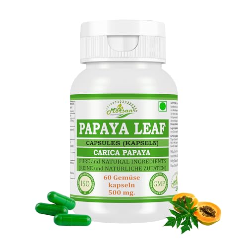 Papaya Leaf-Kapseln 500 mg. 60 Veganer. Einheiten | Papaya Leaf (Carica papaya) Extrakt-Kapseln für Männer und Frauen | Ayurvedische Kräuterergänzung/Heilmittel (1 Flasche mit 60 Kapseln)