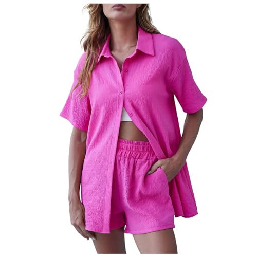 Generisch Damen Casual Shorts Kurzarm Tops Shirt Button Cardigan Freizeitanzug Zimmer Sachen Hausanzug Damen Sommer Hausanzug Damen Elegant Damen Jogginganzug Damen Sportanzug (Hot Pink, M)