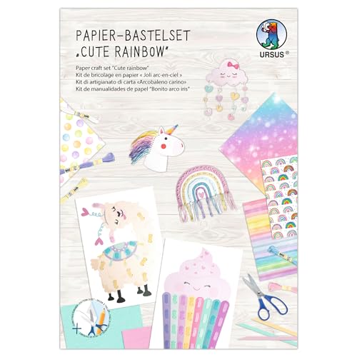 Ursus 8080001F - Papier-Bastelset Cute Rainbow, Set aus Fotokarton, Flechtblättern, Stanzteilen, Flechtstreifen und Stickgarn, inkl. Schritt für Schritt Anleitung