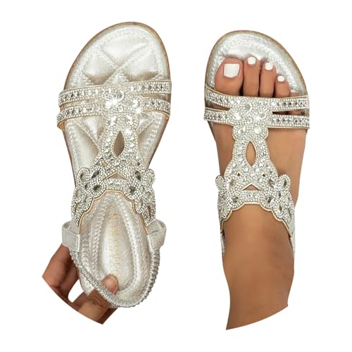 RYTEJFES Glitzer Sandalen Damen Sommer, Strass Sandalen Elegant Flach Schuhe, Sommerschuhe Frauen Bequem Weichen, 37