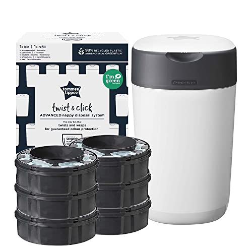 Tommee Tippee Twist and Click Advanced Windeleimer, umweltfreundliches System, inkl. 6x Nachfüllkassetten mit nachhaltig gewonnenem, antibakteriellem GREENFILM, Weiβ