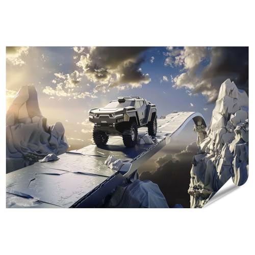 islandburner Prime Bild Poster Futuristisches Fahrzeug auf schwebender Brücke in Berglandschaft für Wohnzimmer Technikbegeisterte Technikladen Premium Bilder Fotodruck