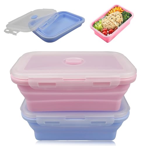 YZDZSW Faltbare Frischhalteboxen, 2 Stück Faltbare Frischhaltedosen, 800 ML Faltbare Lunchbox Silikon Zusammenklappbaren Container für Camping Picknick Büro Küche(Blau+Rosa)